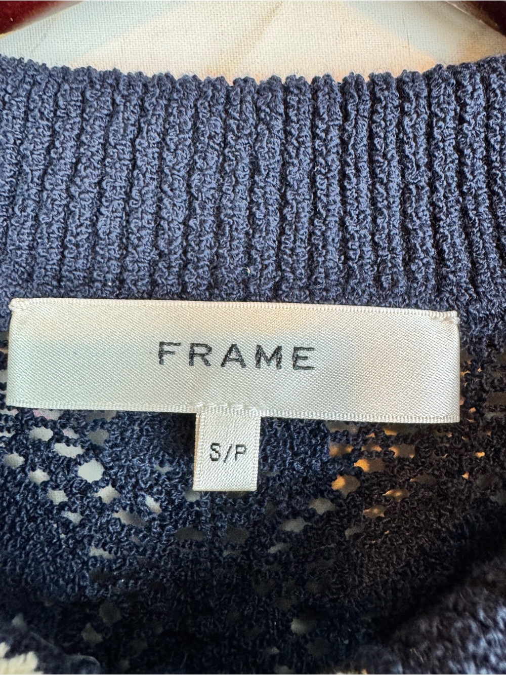 Frame | Navy and Cream Crochet Short Sleeve Knit Top, S - Picture 9 of 12